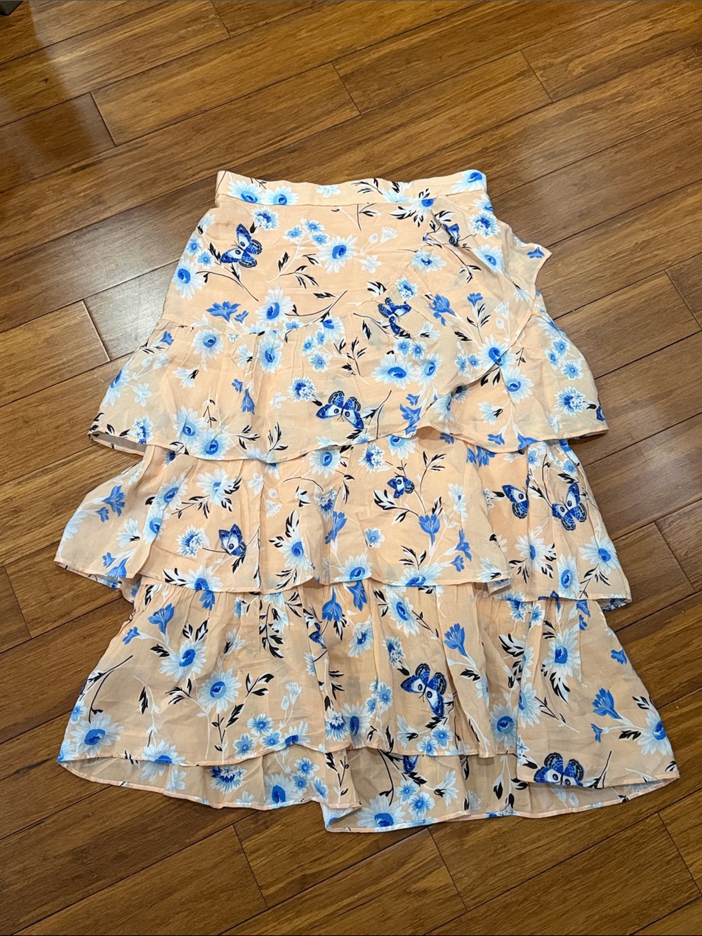 Ann Taylor Peach A-Line Tiered Skirt with Blue Floral Print Petit 6P